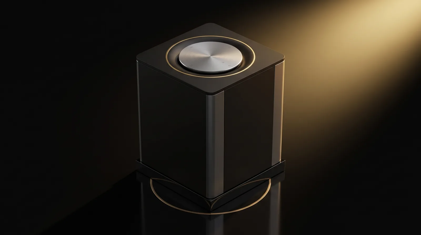 High-angle view of the unit's top control inlay ringed in gold.