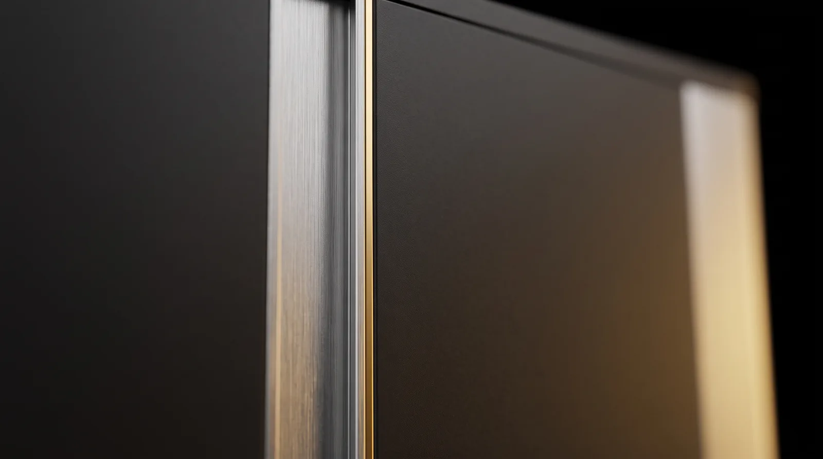 Macro of the brushed aluminium panel seam and gold pinstripe.