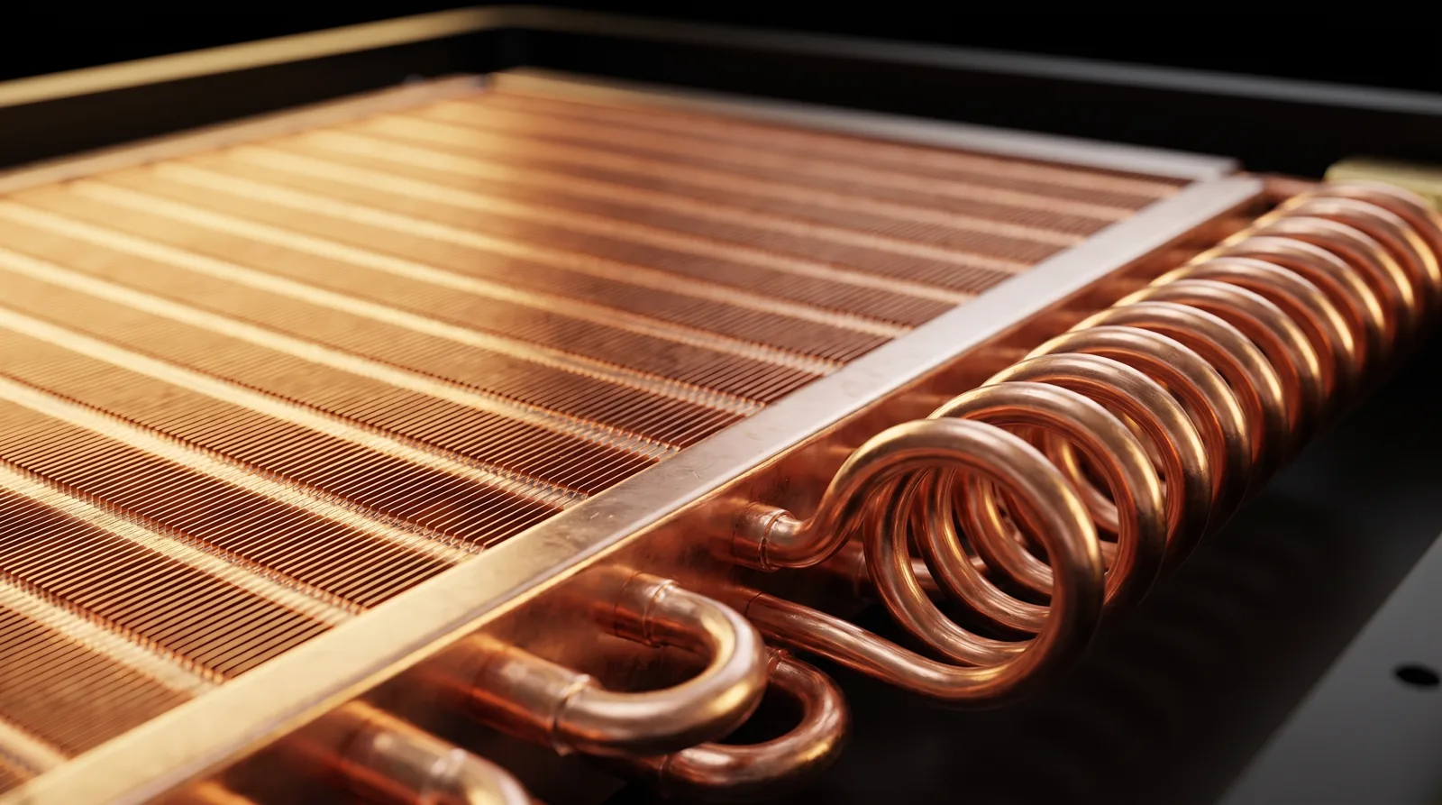 Macro of the polished copper coil heat exchanger inside the unit.